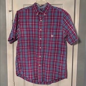 Chaps Easy Care Short Sleeve Button Down Raspberry & Light Blue Plaid Shirt